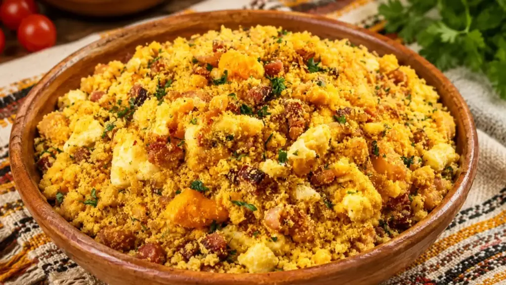 Imagem de um prato de farofa mineira tradicional, receita típica da culinária de Minas Gerais